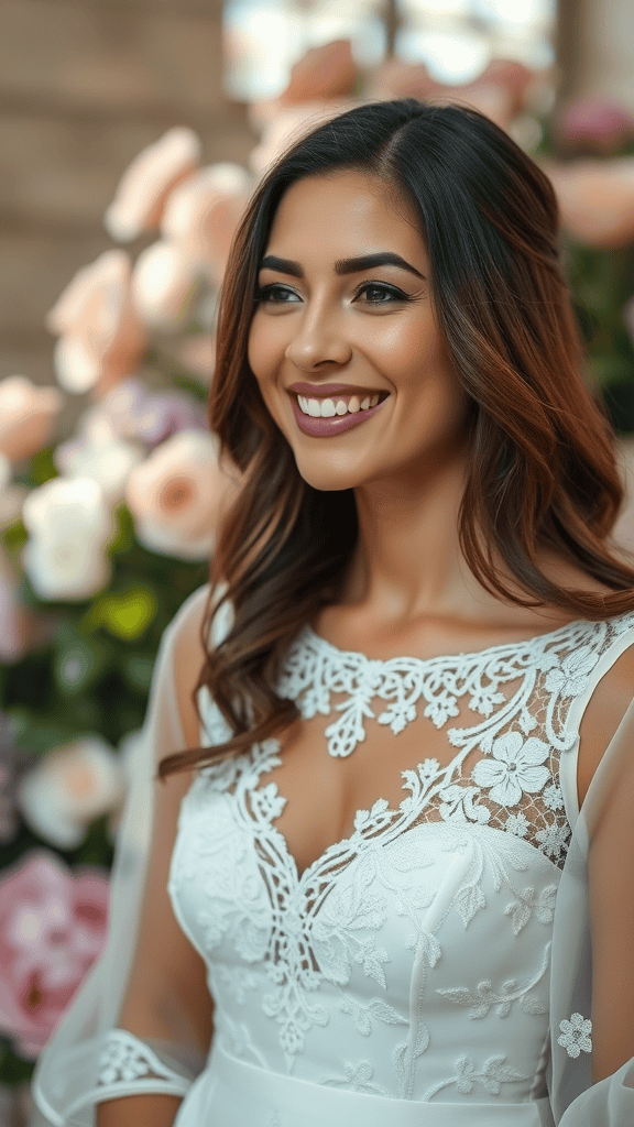 Elegant white church dress with lace overlay, styled with red heels and a handbag.