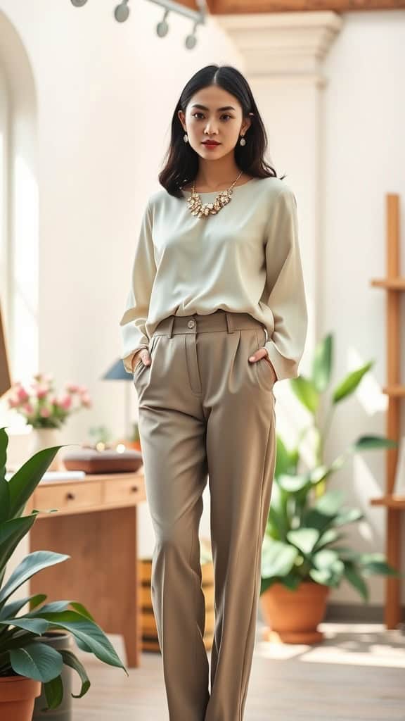 A woman wearing an elegant long-sleeve blouse and tapered trousers, styled for a night out.