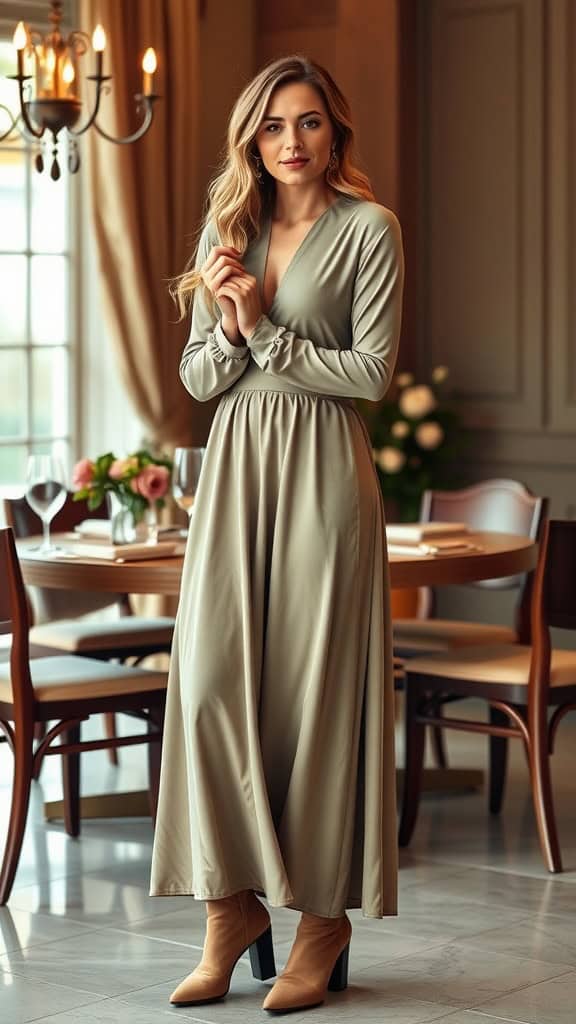 A woman in a long sleeve maxi dress with ankle boots, standing elegantly in a restaurant setting.