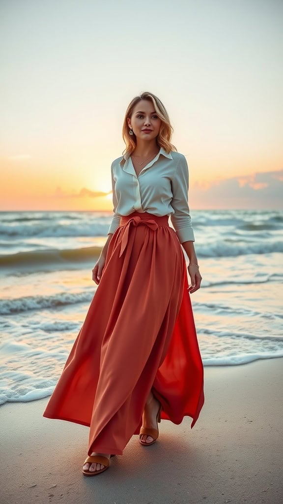 A woman in a maxi wrap skirt and blouse standing on a beach at sunset