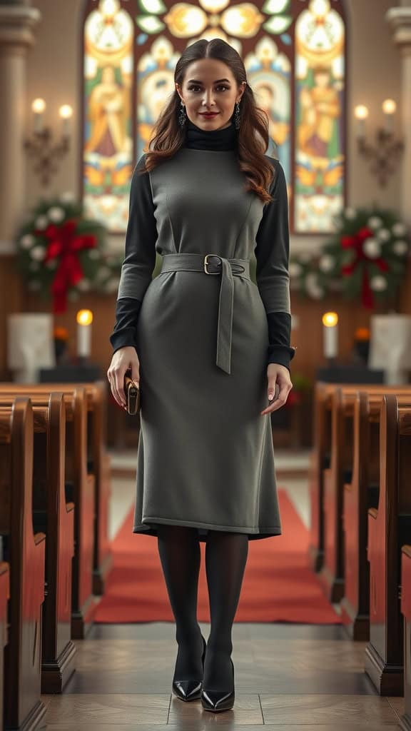 A woman in a belted midi dress with warm tights and heels in a church setting.