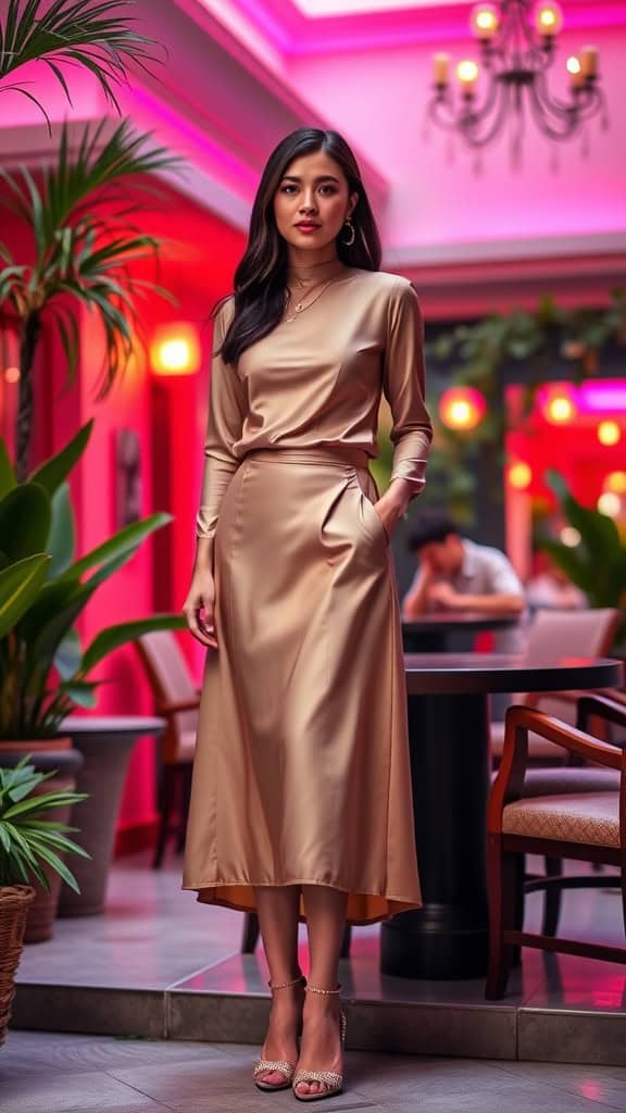 A woman wearing a gold satin midi skirt with a fitted top and heels, standing in an elegantly lit space.