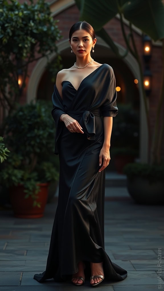 A woman wearing a sleek black satin gown with a wrap shawl and strappy heels, posing elegantly.