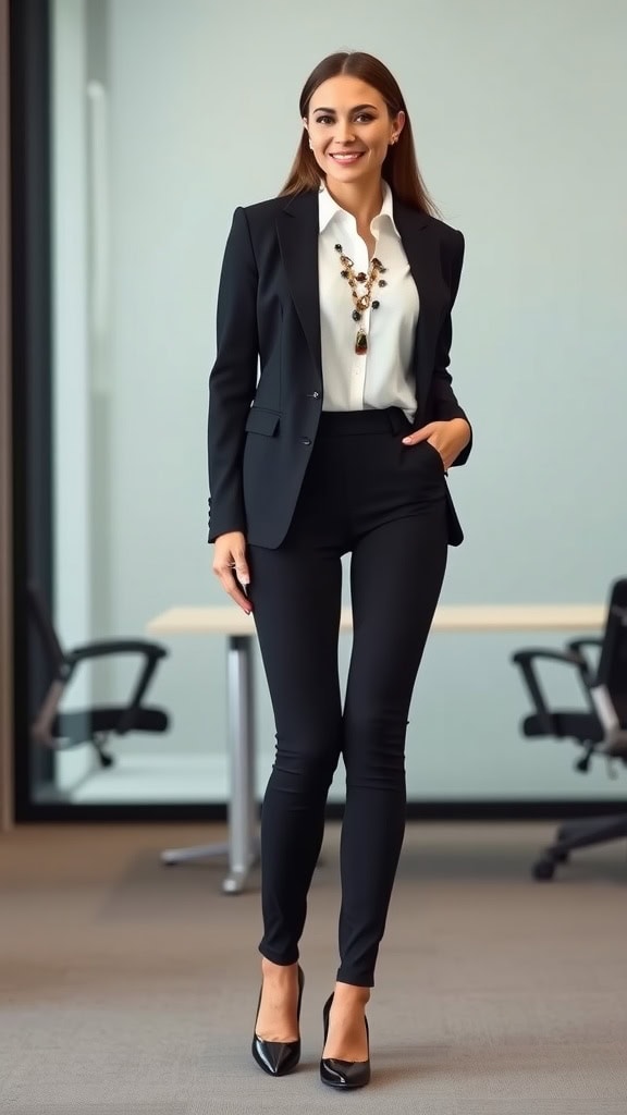 A woman in a tailored black blazer and fitted black leggings, accessorized elegantly, standing confidently in a modern office setting.