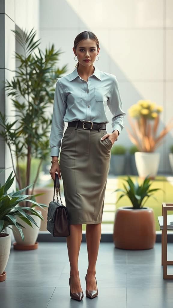 A woman in a light blue button-up blouse and a pencil skirt, standing confidently in a modern office space with plants.