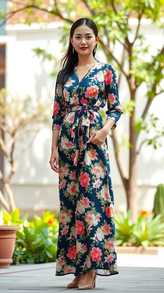 A woman standing confidently in a floral maxi dress with a belt and flats, surrounded by greenery.