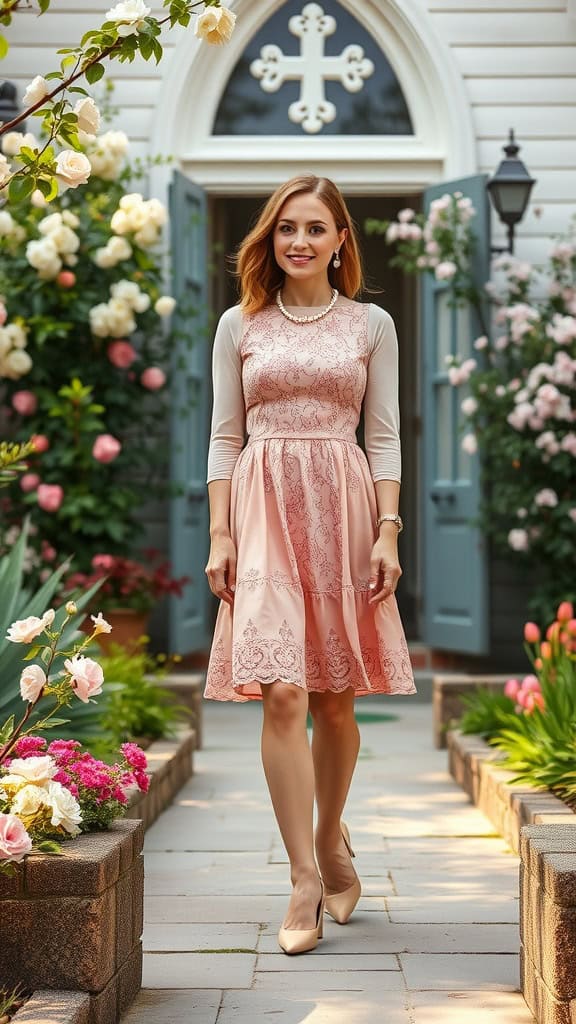 A woman wearing a blush pink lace dress with nude heels and a pearl necklace, in a garden setting near a church.