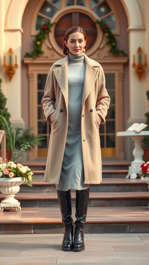 A woman wearing a beige wool coat over a turtleneck dress with knee-high boots, standing outside a beautifully decorated church entrance.