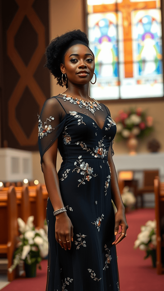 A beige embellished evening dress displayed on a mannequin in a church setting.