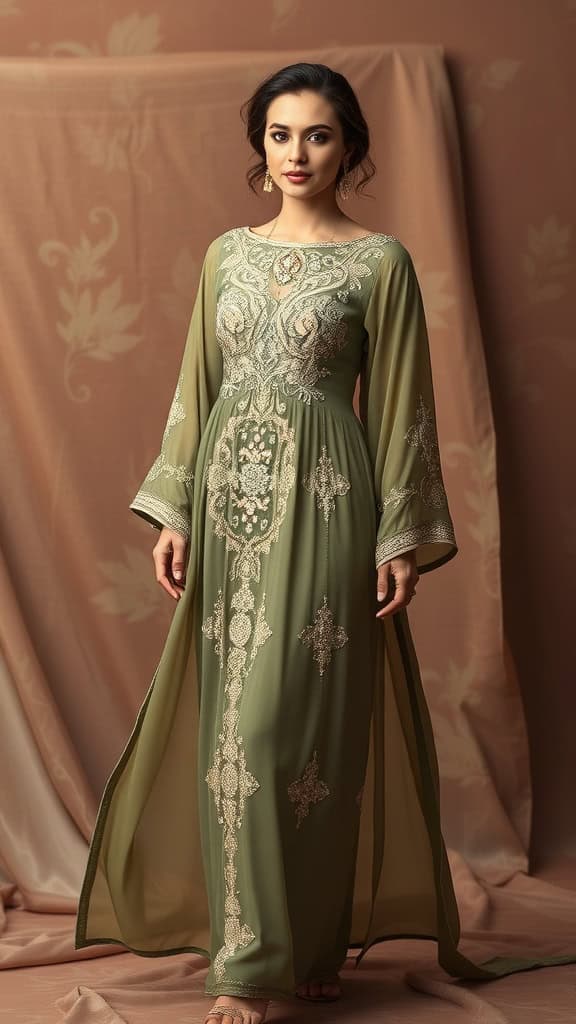 Embellished kaftan dress displayed on a mannequin in a stylish setting