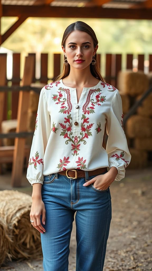 A woman standing confidently in an embroidered blouse and straight-leg jeans, surrounded by a rustic farm setting.