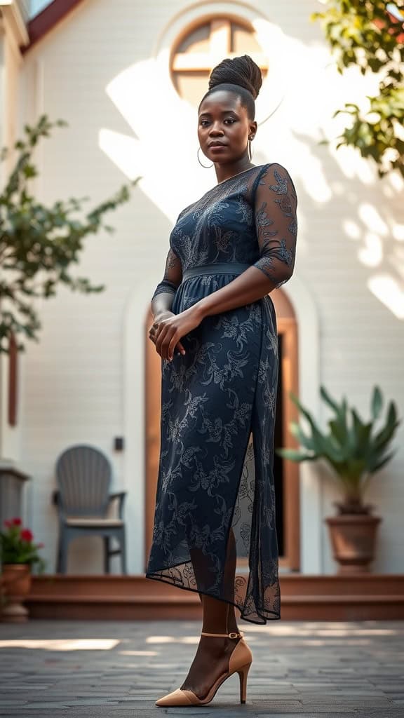 A woman wearing an embroidered lace dress standing gracefully in front of a church backdrop.