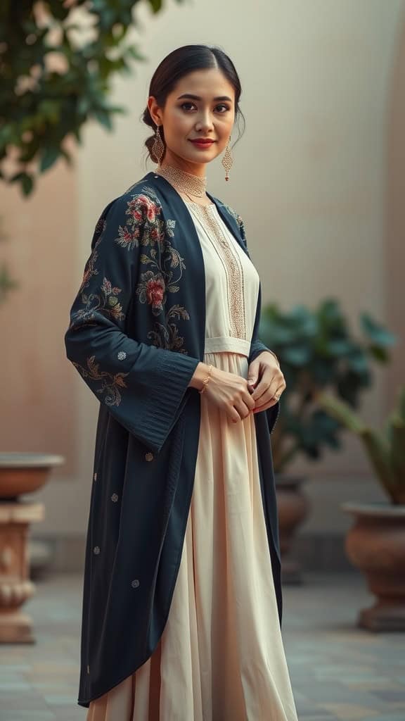 A woman wearing an embroidered longline jacket over a dress, showcasing intricate textures and a modest formal style.