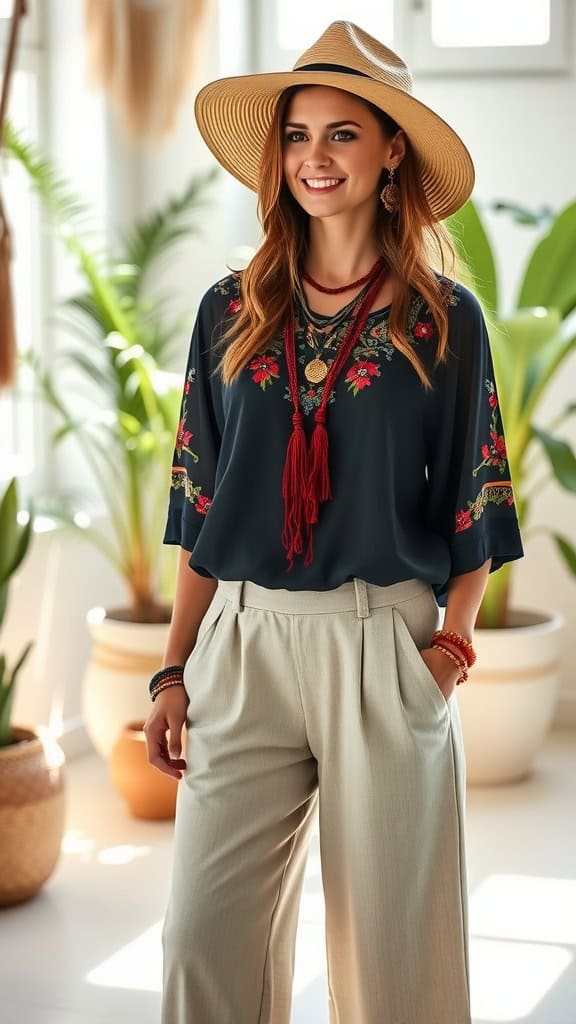 A woman wearing an embroidered peasant blouse and wide-leg pants, standing next to a clothing rack with plants in a bright room.