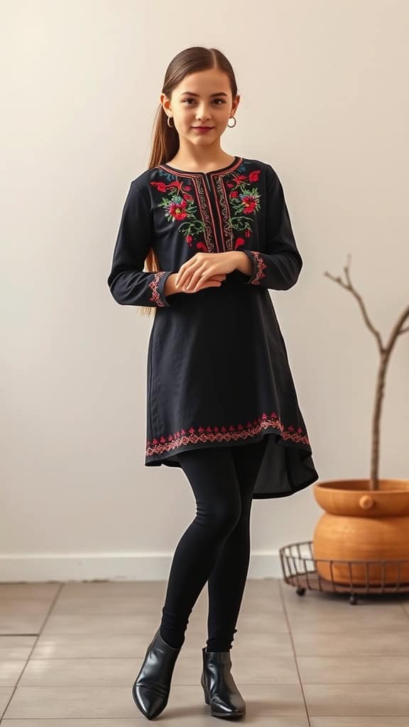 A girl in a modest embroidered tunic over black leggings, smiling in a bright setting.