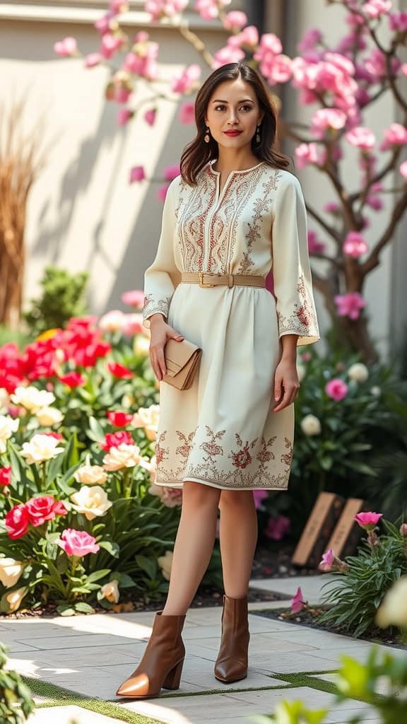 A woman in an embroidered tunic dress with ankle boots standing among colorful flowers.