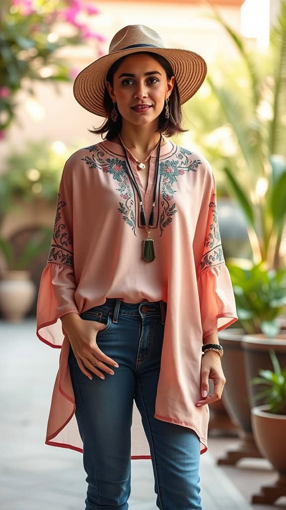 A woman wearing an embroidered tunic and slim-fit jeans, styled with a hat and accessories, standing in a lush outdoor setting.