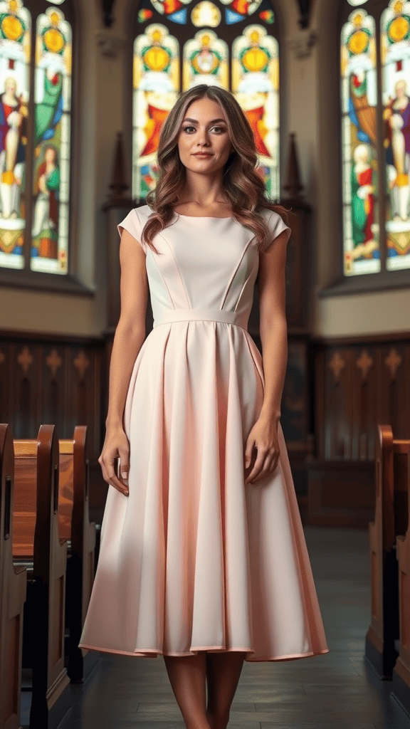 A model wearing a modest empire waist dress with a warm brown coat in a church setting.