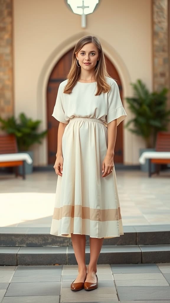 A teen girl wearing a modest empire waist dress with flats in a church setting