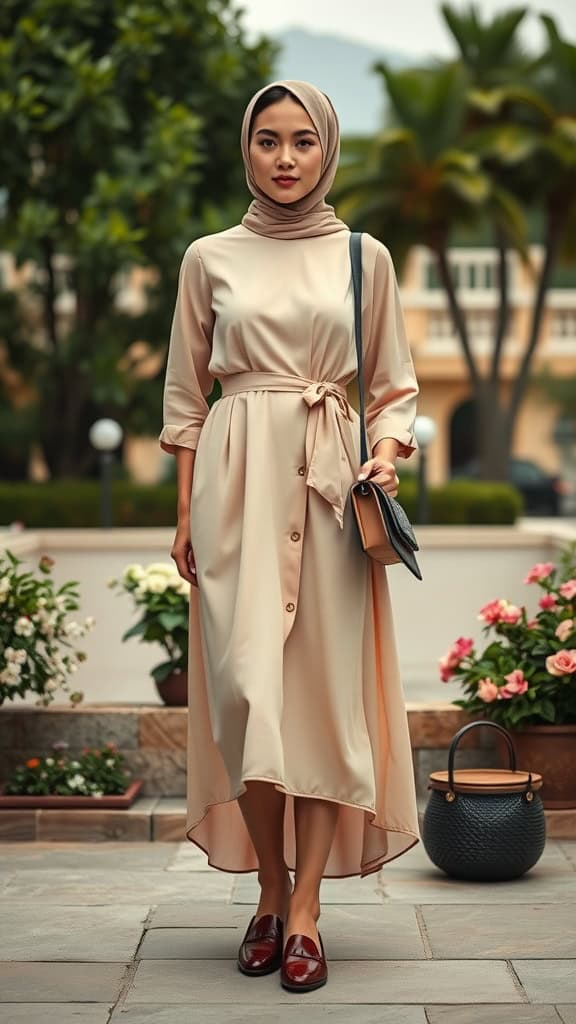 A woman wearing an empire waist dress with loafers, styled with a hijab, standing in a garden.