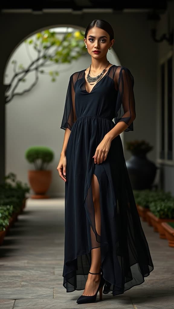 A woman wearing a black chiffon dress with layered sleeves, paired with a layered necklace and velvet heels, standing in a stylish outdoor setting.