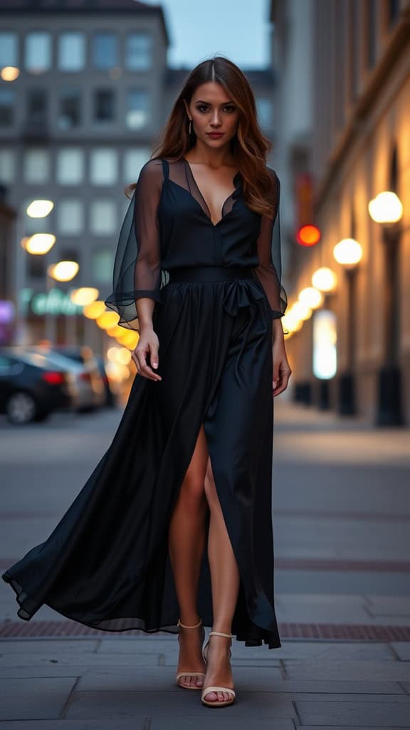 A woman wearing a satin maxi skirt and sheer blouse, standing in an elegant outdoor setting.