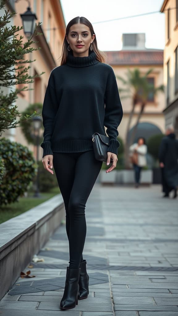 A woman in a black tunic sweater and black leggings walking on a street with ankle boots.