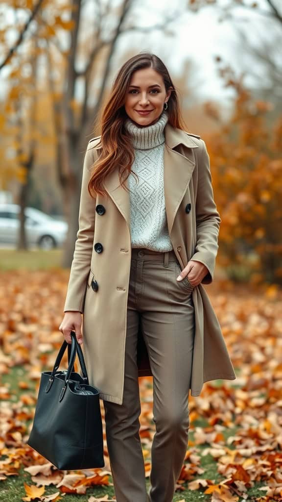 A woman wearing a trench coat and knit sweater standing outside among fall leaves.