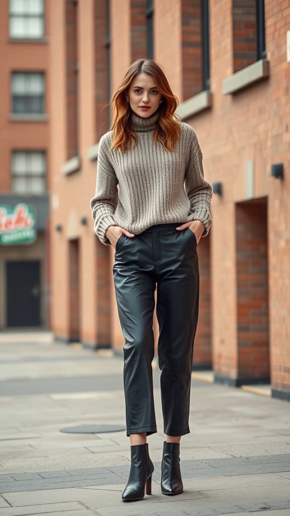 A mannequin is dressed in faux leather culottes and a cozy knit sweater, showcasing an edgy modest outfit in a stylish setting.