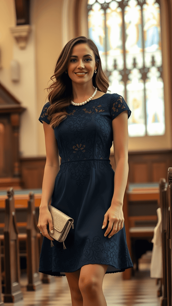 A knee-length lace dress displayed on a mannequin, featuring cap sleeves and elegant detailing.