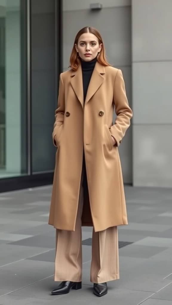 A woman wearing a floor-length coat and wide-leg trousers, standing in a modern outdoor setting.