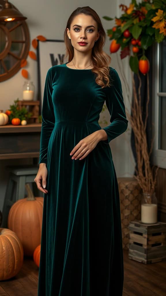 A floor-length velvet dress displayed on a mannequin, showcasing a luxurious green color in a boutique setting.