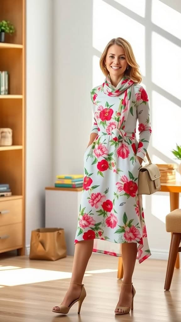 A floral A-line dress on a mannequin, complemented by a matching scarf, set in a bright room with plants.