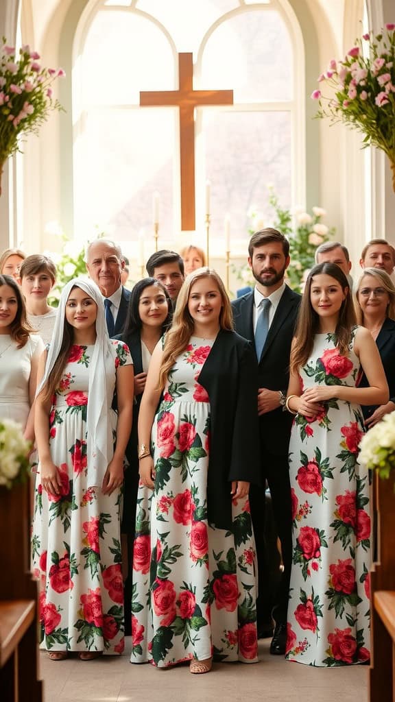 A group of choir members in floral dresses posing in front of a church altar