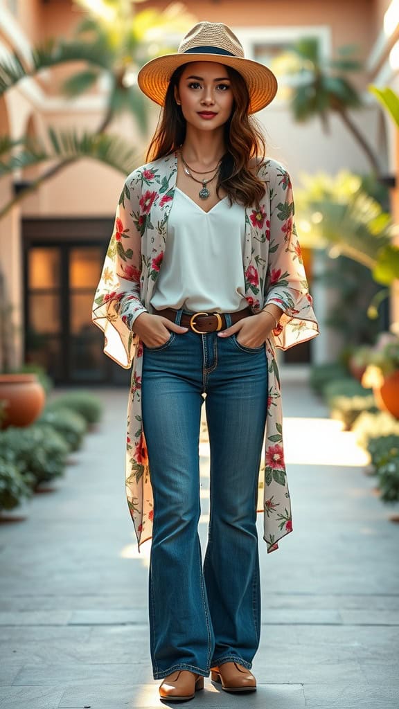 A woman wearing a floral kimono over a white top and bootcut jeans, styled with a hat and accessories.