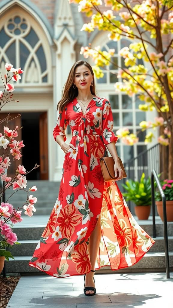 A woman wearing a red floral maxi dress with a knot detail, standing outside a church surrounded by blooming flowers.