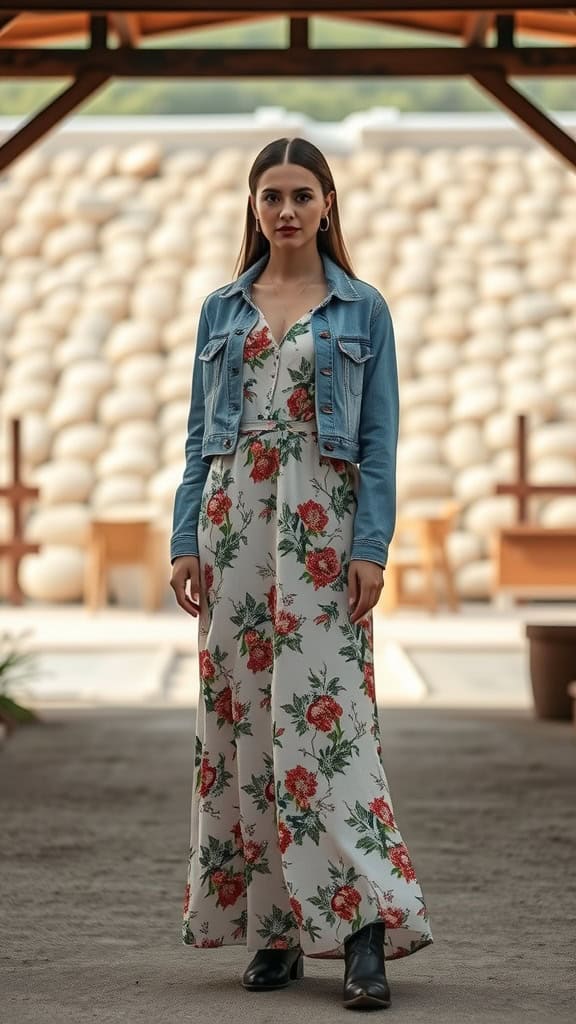 A woman wearing a floral maxi dress and denim jacket, standing in a rustic setting