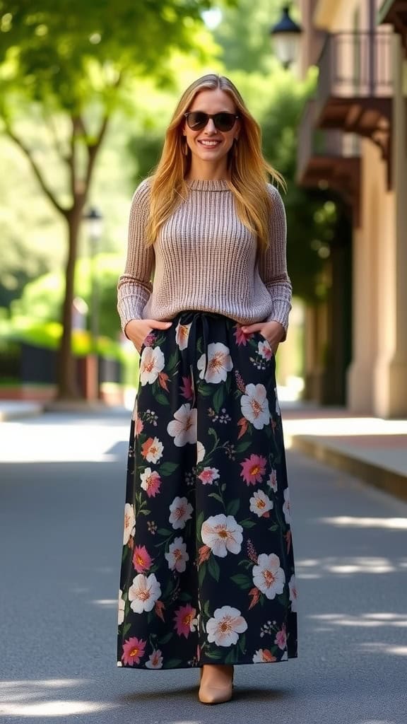 A woman wearing a floral maxi skirt and a neutral sweater, standing outdoors with greenery in the background.