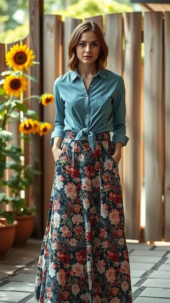 A woman wearing a floral maxi skirt and a knotted chambray shirt, standing in a bright setting with sunflowers in the background.