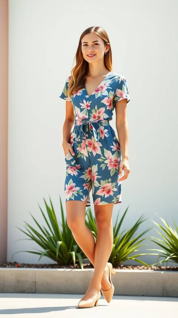 A woman wearing a floral romper with neutral flats, standing in a lush, bright corridor.