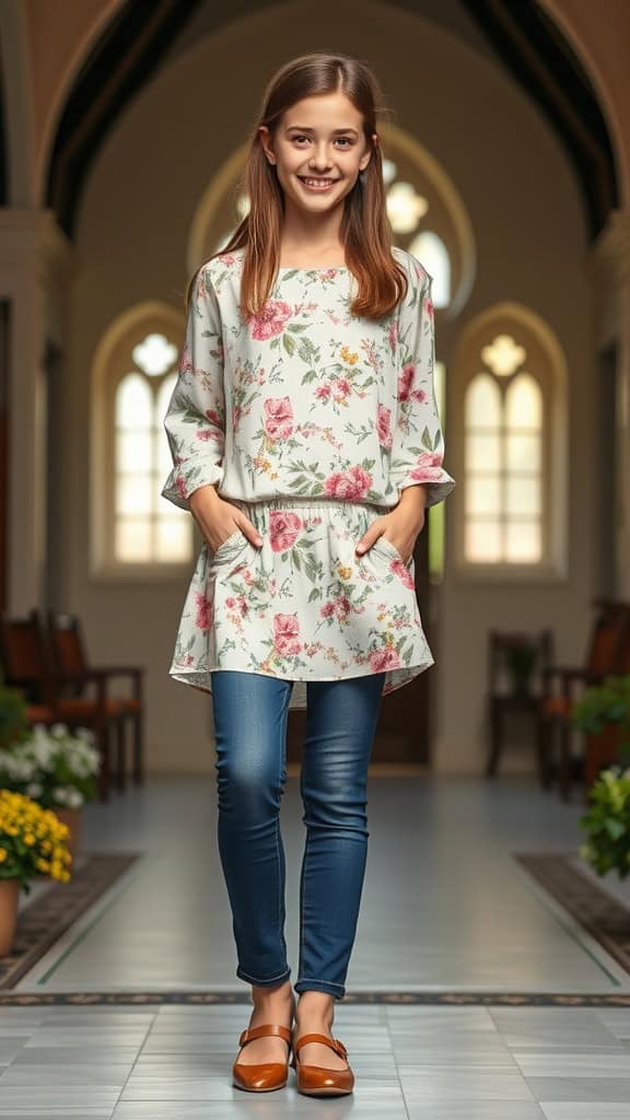 A smiling girl wearing a floral tunic and slim jeans in a church interior.