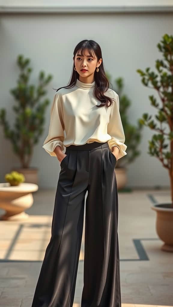 A woman wearing black wide-leg pants and a white high-neck blouse, posing in a stylish setting.