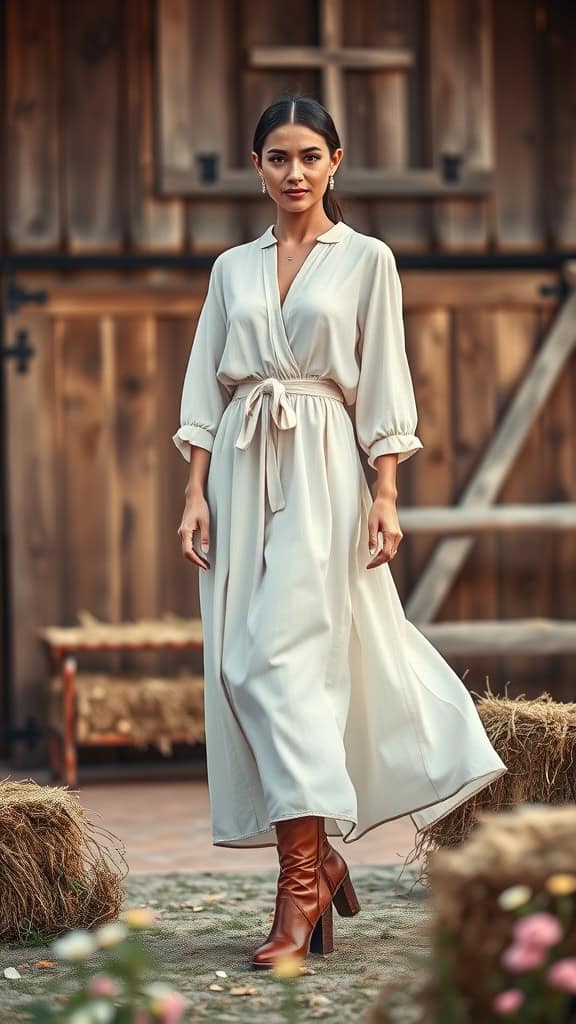 A woman wearing a flowy maxi dress and tall brown cowboy boots, standing in a rustic outdoor setting.