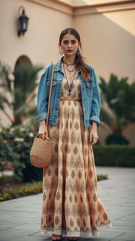 A woman in a flowy maxi dress and denim jacket, showcasing a modest boho outfit.