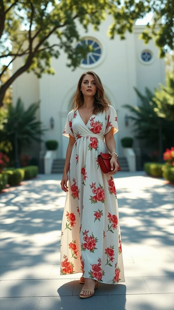 A woman in a flowy floral maxi dress and flat sandals standing outside a church