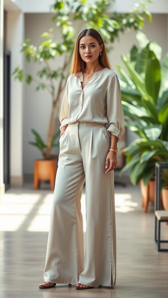 A woman wearing flowy palazzo pants and a long-sleeve blouse in a bright indoor setting, surrounded by plants.