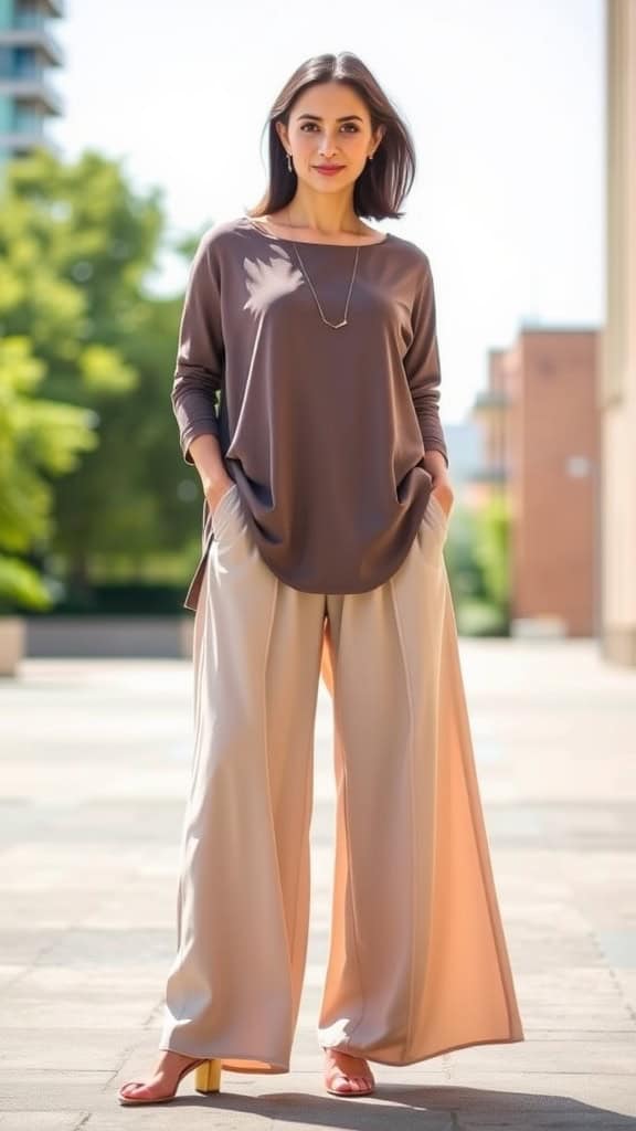 A woman in a brown tunic top and palazzo pants, standing in a garden setting.