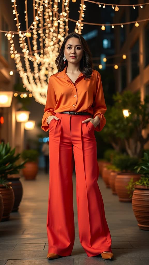 Model in orange blouse and flowing palazzo pants under string lights