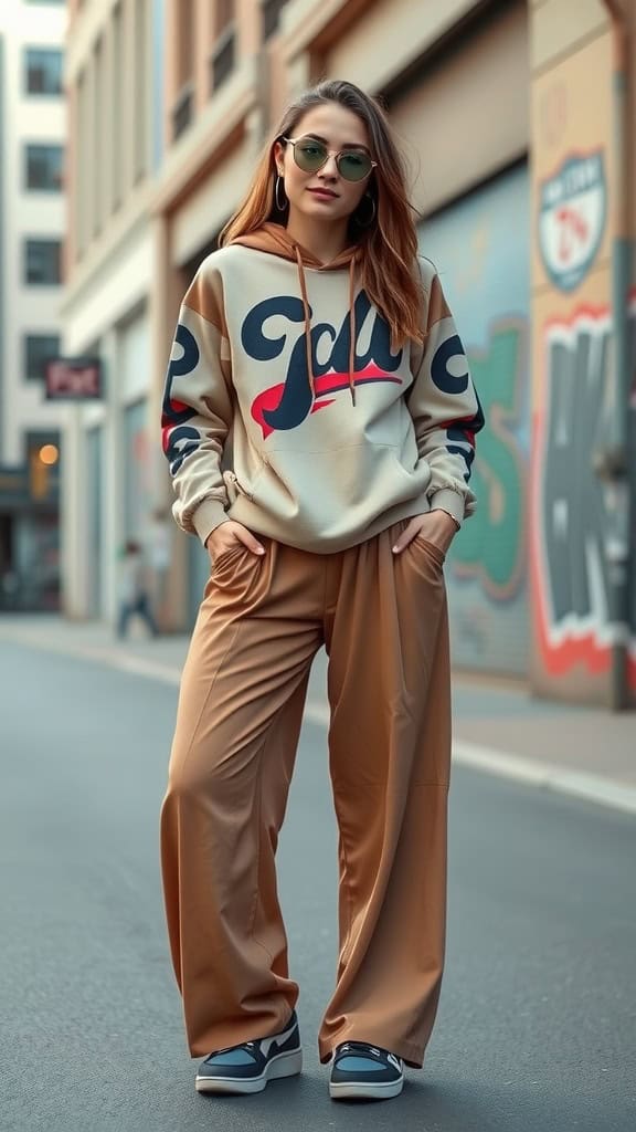 A young woman standing in a street wearing flowy palazzo pants and a graphic hoodie.