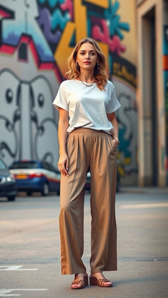 A woman wearing flowy beige palazzo pants and a white tee, standing in front of a colorful mural.